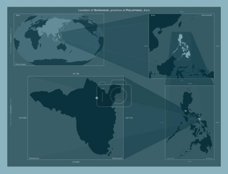 Téléchargez les photos : Sorsogon, province of Philippines. Diagram showing the location of the region on larger-scale maps. Composition of vector frames and PNG shapes on a solid background - en image libre de droit