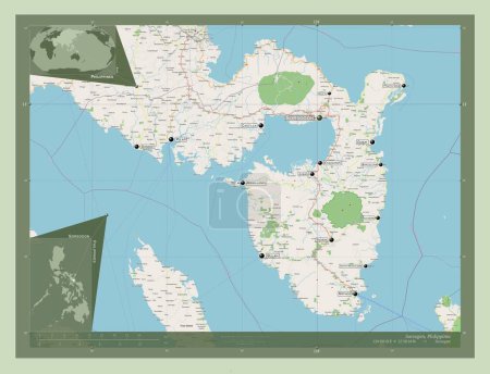 Téléchargez les photos : Sorsogon, province of Philippines. Open Street Map. Locations and names of major cities of the region. Corner auxiliary location maps - en image libre de droit