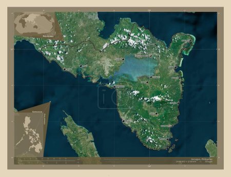 Foto de Sorsogon, province of Philippines. High resolution satellite map. Locations and names of major cities of the region. Corner auxiliary location maps - Imagen libre de derechos