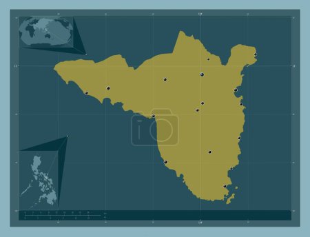 Téléchargez les photos : Sorsogon, province of Philippines. Solid color shape. Locations of major cities of the region. Corner auxiliary location maps - en image libre de droit