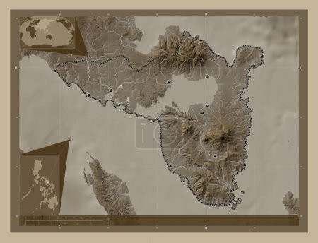 Foto de Sorsogon, province of Philippines. Elevation map colored in sepia tones with lakes and rivers. Locations of major cities of the region. Corner auxiliary location maps - Imagen libre de derechos