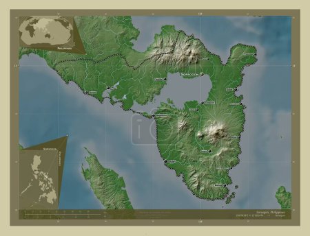 Foto de Sorsogon, province of Philippines. Elevation map colored in wiki style with lakes and rivers. Locations and names of major cities of the region. Corner auxiliary location maps - Imagen libre de derechos