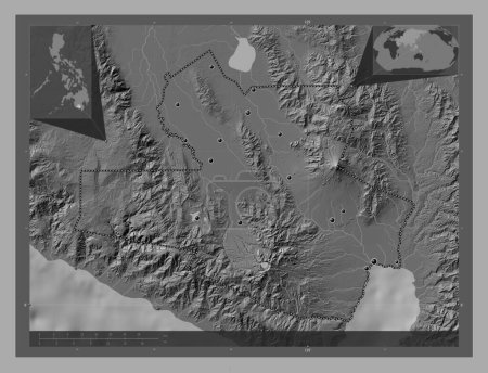 Téléchargez les photos : South Cotabato, province of Philippines. Bilevel elevation map with lakes and rivers. Locations of major cities of the region. Corner auxiliary location maps - en image libre de droit