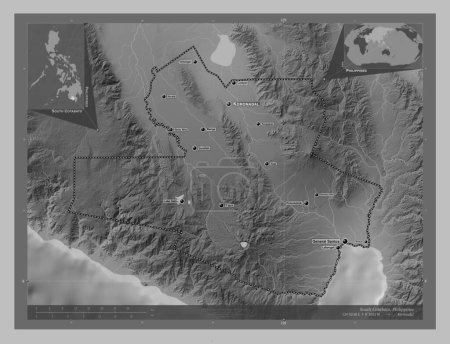 Téléchargez les photos : South Cotabato, province of Philippines. Grayscale elevation map with lakes and rivers. Locations and names of major cities of the region. Corner auxiliary location maps - en image libre de droit