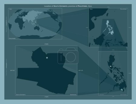 Téléchargez les photos : South Cotabato, province of Philippines. Diagram showing the location of the region on larger-scale maps. Composition of vector frames and PNG shapes on a solid background - en image libre de droit