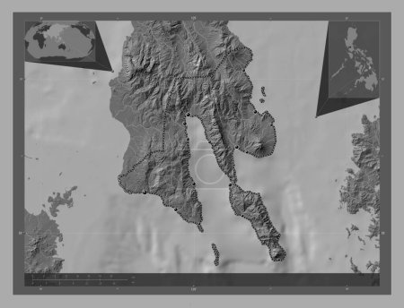 Téléchargez les photos : Southern Leyte, province of Philippines. Bilevel elevation map with lakes and rivers. Locations of major cities of the region. Corner auxiliary location maps - en image libre de droit