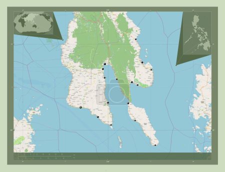 Téléchargez les photos : Southern Leyte, province of Philippines. Open Street Map. Locations of major cities of the region. Corner auxiliary location maps - en image libre de droit