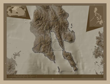 Téléchargez les photos : Southern Leyte, province of Philippines. Elevation map colored in sepia tones with lakes and rivers. Locations of major cities of the region. Corner auxiliary location maps - en image libre de droit