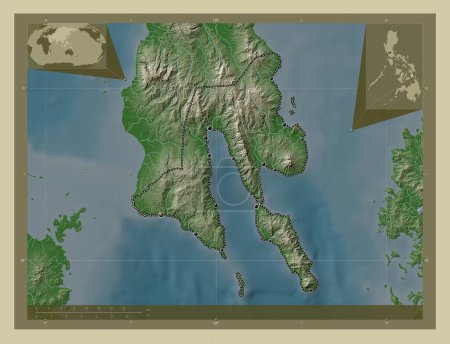 Téléchargez les photos : Southern Leyte, province of Philippines. Elevation map colored in wiki style with lakes and rivers. Locations of major cities of the region. Corner auxiliary location maps - en image libre de droit