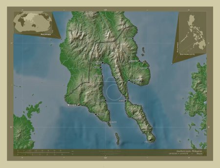 Téléchargez les photos : Southern Leyte, province of Philippines. Elevation map colored in wiki style with lakes and rivers. Locations and names of major cities of the region. Corner auxiliary location maps - en image libre de droit