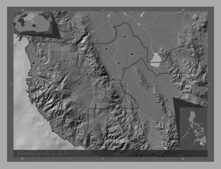 Téléchargez les photos : Sultan Kudarat, province of Philippines. Bilevel elevation map with lakes and rivers. Locations of major cities of the region. Corner auxiliary location maps - en image libre de droit