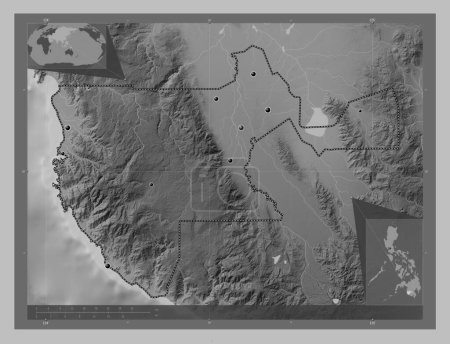 Téléchargez les photos : Sultan Kudarat, province of Philippines. Grayscale elevation map with lakes and rivers. Locations of major cities of the region. Corner auxiliary location maps - en image libre de droit