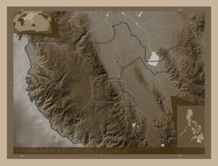 Téléchargez les photos : Sultan Kudarat, province of Philippines. Elevation map colored in sepia tones with lakes and rivers. Corner auxiliary location maps - en image libre de droit