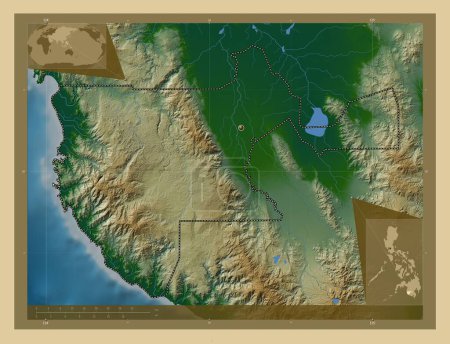 Téléchargez les photos : Sultan Kudarat, province of Philippines. Colored elevation map with lakes and rivers. Corner auxiliary location maps - en image libre de droit