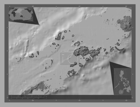 Téléchargez les photos : Sulu, province of Philippines. Bilevel elevation map with lakes and rivers. Locations of major cities of the region. Corner auxiliary location maps - en image libre de droit
