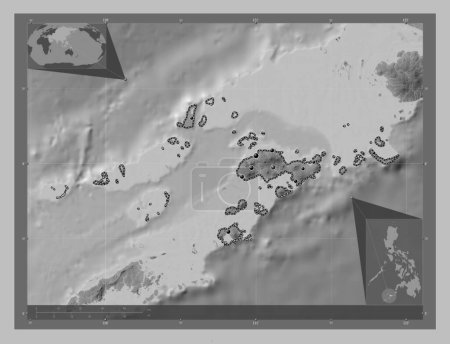 Téléchargez les photos : Sulu, province of Philippines. Grayscale elevation map with lakes and rivers. Locations of major cities of the region. Corner auxiliary location maps - en image libre de droit