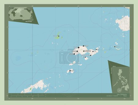 Téléchargez les photos : Sulu, province of Philippines. Open Street Map. Locations and names of major cities of the region. Corner auxiliary location maps - en image libre de droit