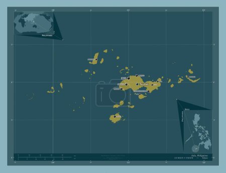 Téléchargez les photos : Sulu, province of Philippines. Solid color shape. Locations and names of major cities of the region. Corner auxiliary location maps - en image libre de droit