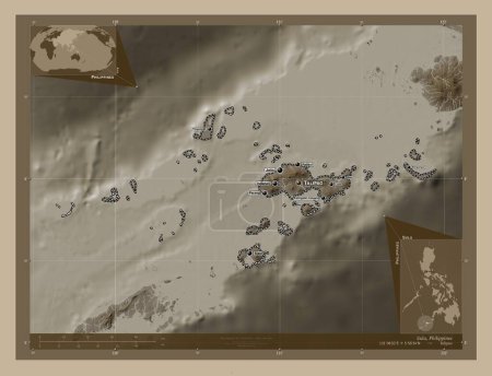 Téléchargez les photos : Sulu, province of Philippines. Elevation map colored in sepia tones with lakes and rivers. Locations and names of major cities of the region. Corner auxiliary location maps - en image libre de droit