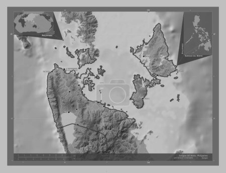 Foto de Surigao del Norte, province of Philippines. Grayscale elevation map with lakes and rivers. Locations and names of major cities of the region. Corner auxiliary location maps - Imagen libre de derechos