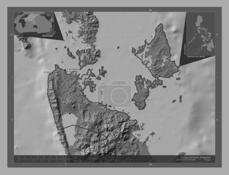 Téléchargez les photos : Surigao del Norte, province of Philippines. Bilevel elevation map with lakes and rivers. Locations and names of major cities of the region. Corner auxiliary location maps - en image libre de droit