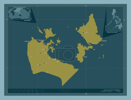 Foto de Surigao del Norte, province of Philippines. Solid color shape. Locations and names of major cities of the region. Corner auxiliary location maps - Imagen libre de derechos
