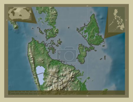 Foto de Surigao del Norte, province of Philippines. Elevation map colored in wiki style with lakes and rivers. Locations of major cities of the region. Corner auxiliary location maps - Imagen libre de derechos