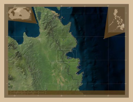 Photo for Surigao del Sur, province of Philippines. Low resolution satellite map. Locations of major cities of the region. Corner auxiliary location maps - Royalty Free Image