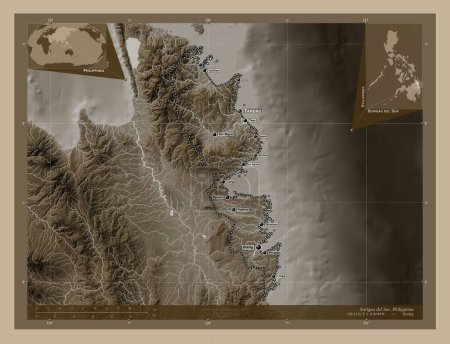 Foto de Surigao del Sur, province of Philippines. Elevation map colored in sepia tones with lakes and rivers. Locations and names of major cities of the region. Corner auxiliary location maps - Imagen libre de derechos