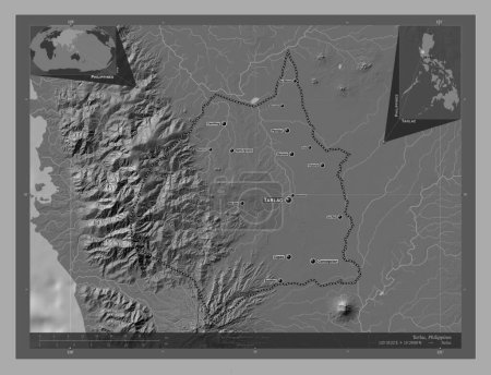 Téléchargez les photos : Tarlac, province of Philippines. Bilevel elevation map with lakes and rivers. Locations and names of major cities of the region. Corner auxiliary location maps - en image libre de droit