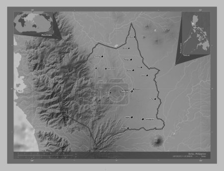Foto de Tarlac, province of Philippines. Grayscale elevation map with lakes and rivers. Locations and names of major cities of the region. Corner auxiliary location maps - Imagen libre de derechos