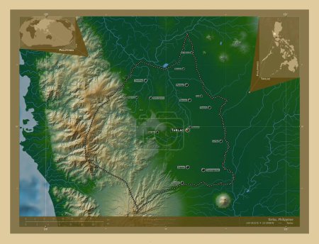 Téléchargez les photos : Tarlac, province of Philippines. Colored elevation map with lakes and rivers. Locations and names of major cities of the region. Corner auxiliary location maps - en image libre de droit