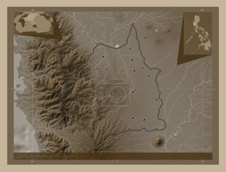 Foto de Tarlac, province of Philippines. Elevation map colored in sepia tones with lakes and rivers. Locations of major cities of the region. Corner auxiliary location maps - Imagen libre de derechos