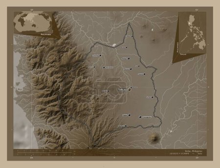 Foto de Tarlac, province of Philippines. Elevation map colored in sepia tones with lakes and rivers. Locations and names of major cities of the region. Corner auxiliary location maps - Imagen libre de derechos
