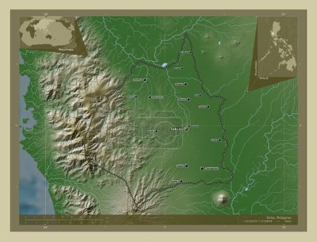 Foto de Tarlac, province of Philippines. Elevation map colored in wiki style with lakes and rivers. Locations and names of major cities of the region. Corner auxiliary location maps - Imagen libre de derechos
