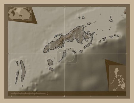 Téléchargez les photos : Tawi-Tawi, province of Philippines. Elevation map colored in sepia tones with lakes and rivers. Corner auxiliary location maps - en image libre de droit