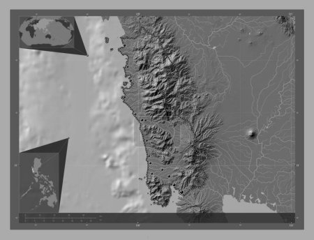Téléchargez les photos : Zambales, province of Philippines. Bilevel elevation map with lakes and rivers. Locations of major cities of the region. Corner auxiliary location maps - en image libre de droit