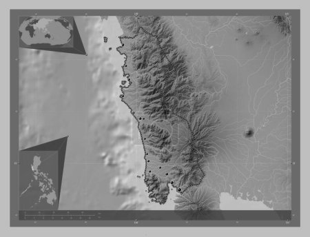Foto de Zambales, province of Philippines. Grayscale elevation map with lakes and rivers. Locations of major cities of the region. Corner auxiliary location maps - Imagen libre de derechos