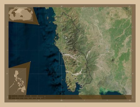 Téléchargez les photos : Zambales, province of Philippines. Low resolution satellite map. Locations of major cities of the region. Corner auxiliary location maps - en image libre de droit