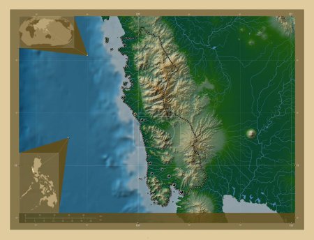 Foto de Zambales, province of Philippines. Colored elevation map with lakes and rivers. Locations of major cities of the region. Corner auxiliary location maps - Imagen libre de derechos