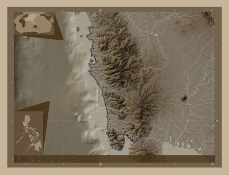 Téléchargez les photos : Zambales, province of Philippines. Elevation map colored in sepia tones with lakes and rivers. Locations of major cities of the region. Corner auxiliary location maps - en image libre de droit