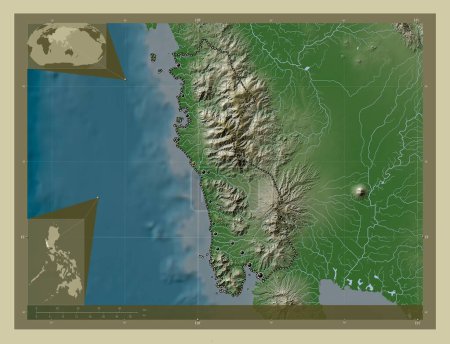 Téléchargez les photos : Zambales, province of Philippines. Elevation map colored in wiki style with lakes and rivers. Locations of major cities of the region. Corner auxiliary location maps - en image libre de droit