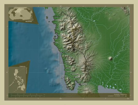 Foto de Zambales, province of Philippines. Elevation map colored in wiki style with lakes and rivers. Locations and names of major cities of the region. Corner auxiliary location maps - Imagen libre de derechos