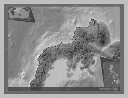 Foto de Zamboanga del Norte, province of Philippines. Grayscale elevation map with lakes and rivers. Locations and names of major cities of the region. Corner auxiliary location maps - Imagen libre de derechos