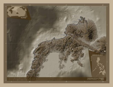 Foto de Zamboanga del Norte, province of Philippines. Elevation map colored in sepia tones with lakes and rivers. Locations and names of major cities of the region. Corner auxiliary location maps - Imagen libre de derechos