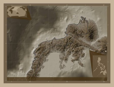 Foto de Zamboanga del Norte, province of Philippines. Elevation map colored in sepia tones with lakes and rivers. Locations of major cities of the region. Corner auxiliary location maps - Imagen libre de derechos