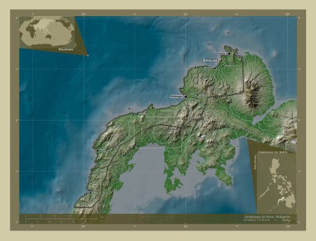 Photo for Zamboanga del Norte, province of Philippines. Elevation map colored in wiki style with lakes and rivers. Locations and names of major cities of the region. Corner auxiliary location maps - Royalty Free Image