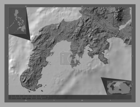 Photo for Zamboanga del Sur, province of Philippines. Bilevel elevation map with lakes and rivers. Locations of major cities of the region. Corner auxiliary location maps - Royalty Free Image