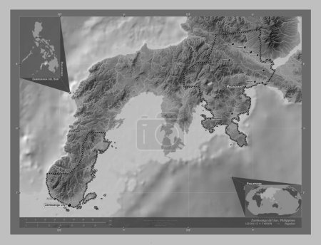 Foto de Zamboanga del Sur, province of Philippines. Grayscale elevation map with lakes and rivers. Locations and names of major cities of the region. Corner auxiliary location maps - Imagen libre de derechos