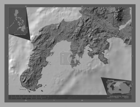 Foto de Zamboanga del Sur, province of Philippines. Bilevel elevation map with lakes and rivers. Locations and names of major cities of the region. Corner auxiliary location maps - Imagen libre de derechos